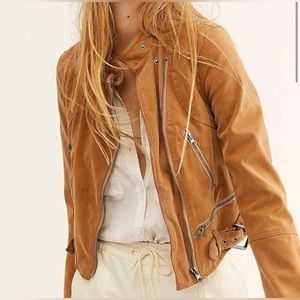 Free People Fenix Vegan Leather Moto Jacket in Camel